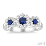 3.8 MM & 3 MM Sapphire and 5/8 Ctw Round Cut Diamond Precious Lovebright Past, Present and Future Ring in 14K White Gold