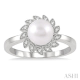 7x7 MM Round Shape Cultured Pearl and 1/10 Ctw Sunflower Round Cut Diamond Ring in 10K White Gold