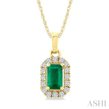 5x3 MM Octagonal Shape Emerald and 1/20 Ctw Round Cut Diamond Halo Precious Pendant with Chain in 10K Yellow Gold