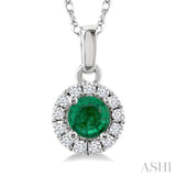 3.25 MM Round Emerald and 1/20 Ctw Round Cut Diamond Halo Precious Pendant with Chain in 10K White Gold