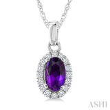 5x3 MM Oval Shape Amethyst and 1/20 Ctw Round Cut Diamond Halo Semi-Precious Pendant with Chain in 14K White Gold