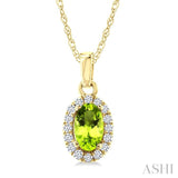 5x3 MM Oval Shape Peridot and 1/20 Ctw Round Cut Diamond Halo Semi-Precious Pendant with Chain in 10K Yellow Gold