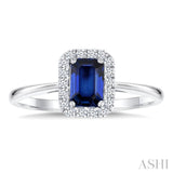 6x4 MM Octagonal Shape Sapphire and 1/6 Ctw Round Cut Diamond Halo Precious Ring in 14K White Gold