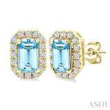 5x3 MM Octagonal Shape Aquamarine and 1/8 Ctw Round Cut Diamond Halo Semi-Precious Stud Earrings in 10K Yellow Gold