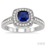 5x5 MM Cushion Shape Sapphire and 1/4 Ctw Round Cut Diamond Ring in 14K White Gold