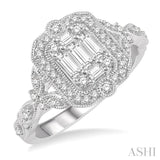 5/8 Ctw Intricate lattice Baguette and Round Cut Diamond Ring in 14K White Gold