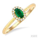 5x3 MM Oval Shape Emerald and 1/20 Ctw Round Cut Diamond Halo Precious Ring in 14K Yellow Gold