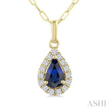 6x4 MM Pear Shape Sapphire and 1/6 Ctw Round Cut Diamond Halo Precious Pendant with Chain in 14K Yellow Gold