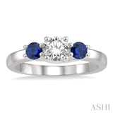 3.50 MM Round Shape Sapphire and 3/8 Ctw Past Present and Future Round Cut Diamond Precious Ring in 14K White Gold