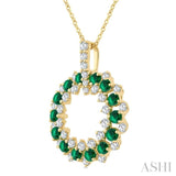 2.5 MM Round Shape Emerald and 3/4 Ctw Round Cut Diamond Triple Row Circle Precious Pendant With Chain in 14K Yellow Gold