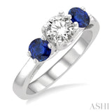4.30 MM Round Shape Sapphire and 5/8 Ctw Past Present and Future Round Cut Diamond Precious Ring in 14K White Gold