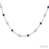 2.4 MM Round Shape Sapphire and 7/8 Ctw Round Cut Diamond Precious Station Necklace in 14K White Gold