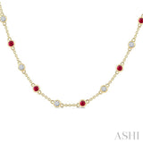 2.4 MM Round Shape Ruby and 7/8 Ctw Round Cut Diamond Precious Station Necklace in 14K Yellow Gold