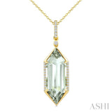 22X8 MM Evoque Gemstone Hexagon Shape Green Amethyst and 1/6 Ctw Round Cut Diamond Semi-Precious Pendant With Chain in 14K Yellow Gold