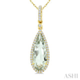 16X6 MM Evoque Gemstone Pear Shape Green Amethyst and 1/5 Ctw Round Cut Diamond Semi-Precious Pendant With Chain in 10K Yellow Gold