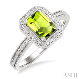 7X5 MM Octagon Shape Peridot and 1/50 Ctw Round Cut Diamond Semi-Precious Ring in Sterling Silver