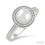 7MM Cultured Pearl and 1/50 Ctw Round Cut Diamond Halo Ring in Sterling Silver