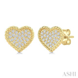 1/5 Ctw Round Cut Diamond Rope Border Heart Motif Fashion Stud Earrings in 10K Yellow Gold