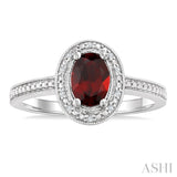 7X5 MM Oval Shape Garnet and 1/50 Ctw Round Cut Diamond Semi-Precious Ring in Sterling Silver