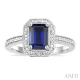7X5 MM Octagon Shape Lab-Created Sapphire and 1/50 Ctw Round Cut Diamond Precious Ring in Sterling Silver
