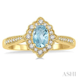 6x4 MM Oval Shape Aquamarine and 1/5 Ctw Round Cut Diamond Semi-Precious Ring in 10K Yellow Gold