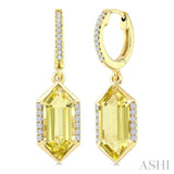 12X5 MM Evoque Gemstones Hexagon Shape Lemon Quartz and 1/5 Ctw Round Cut Diamond Semi-Precious Earrings in 10K Yellow Gold