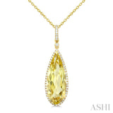 22X8 MM Evoque Gemstones Pear Shape Lemon Quartz and 1/4 Ctw Round Cut Diamond Semi-Precious Pendant With Chain in 14K Yellow Gold