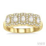 1 Ctw Emerald Shape 5 Stone Emerald & Round Cut Diamond Halo Wedding Band in 14K Yellow Gold