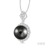 10 MM Black Cultured Pearl and 1/2 Ctw Round Cut Diamond Pendant in 14K White Gold with chain