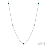 2.25 MM Emerald and 1/4 Ctw Round Cut Diamond Precious Station Necklace in 14K White Gold