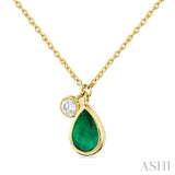 6x4 MM Pear Cut Emerald and 1/20 Ctw Bezel Set Round Cut Diamond Precious Pendant With Chain in 14K Yellow Gold