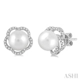 7 MM Cultured Pearls and 1/5 Ctw Round Cut Diamond Earrings in 14K White Gold