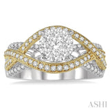 7/8 Ctw Round Diamond Lovebright Crossover Shank Engagement Ring in 14K White and Yellow Gold