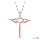 1/10 ctw Angel Wing & Heart Round Cut Diamond Cross Pendant With Chain in 10K Rose Gold
