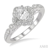 5/8 Ctw Lattice Oval and Round Cut Diamond Ladies Engagement Ring with 3/8 Ct Oval Cut Center Stone in 14K White Gold