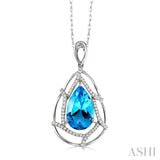 10x7 MM Pear Shape Blue Topaz and 1/5 ctw Round Cut Diamond Semi Precious Pendant in 14K White Gold with Chain