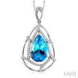 10x7 MM Pear Shape Blue Topaz and 1/5 ctw Round Cut Diamond Semi Precious Pendant in 14K White Gold with Chain