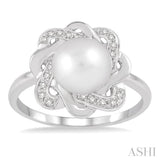 6.5 MM Round Shape Cultured Pearl and 1/10 Ctw Round Cut Diamond Ring in Sterling Silver