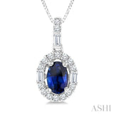 6x4 MM Oval Shape Sapphire and 1/4 ctw Diamond Precious Pendant in 14K White Gold with Chain