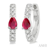 4X3 MM Pear Cut Ruby and 1/10 Ctw Round Cut Diamond Petite Huggie Earrings in 10K White Gold