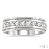 1 ctw Parallel Milgrain & Niched Center Round Cut Diamond Men's Wedding Band in 14K White Gold