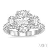 7/8 Ctw Oval Shape Tri-Mount Baguette and Round Cut Diamond Semi-Mount Engagement Ring in 14K White Gold
