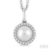6 MM Round Shape Cultured Pearl and 1/20 ctw Petite Round Cut Diamond Halo Fashion Pendant With Chain in 10K White Gold