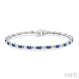4X2 MM Baguette Cut Sapphire and 1 1/10 Ctw Art Deco Round Cut Diamond Precious Bracelet in 14K White Gold