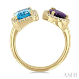 8X6 MM Emerald Cut Blue Topaz and Pear Cut Amethyst and 1/3 ctw Open Toi Et Moi Round Cut Diamond Halo Fashion Ring in 14K Yellow Gold