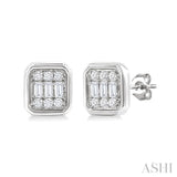 1/5 Ctw Petite Bezel Set Emerald Shape Fusion Baguette and Round Cut Diamond Fashion Stud Earring in 10K White Gold