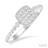 1/8 ctw Petite Bead Shank Cushion Shape Center Round Cut Diamond Fashion Ring in 10K White Gold