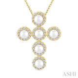 4 MM Round Shape Cultured Pearl and 1/4 Ctw Round Cut Diamond Cross Pendant With Chain in 14K Yellow Gold