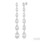 1 1/2 ctw Pear Shape Fusion Baguette and Round Cut Diamond Fashion Long Earring in 14K White Gold