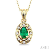 5x3 MM Oval Shape Emerald and 1/20 ctw Single Cut Diamond Pendant in 10K Yellow Gold with Chain